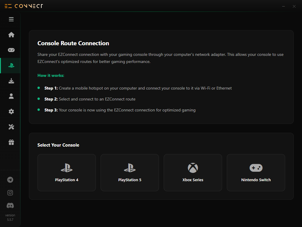Selecting a console platform in the EzConnect Windows app