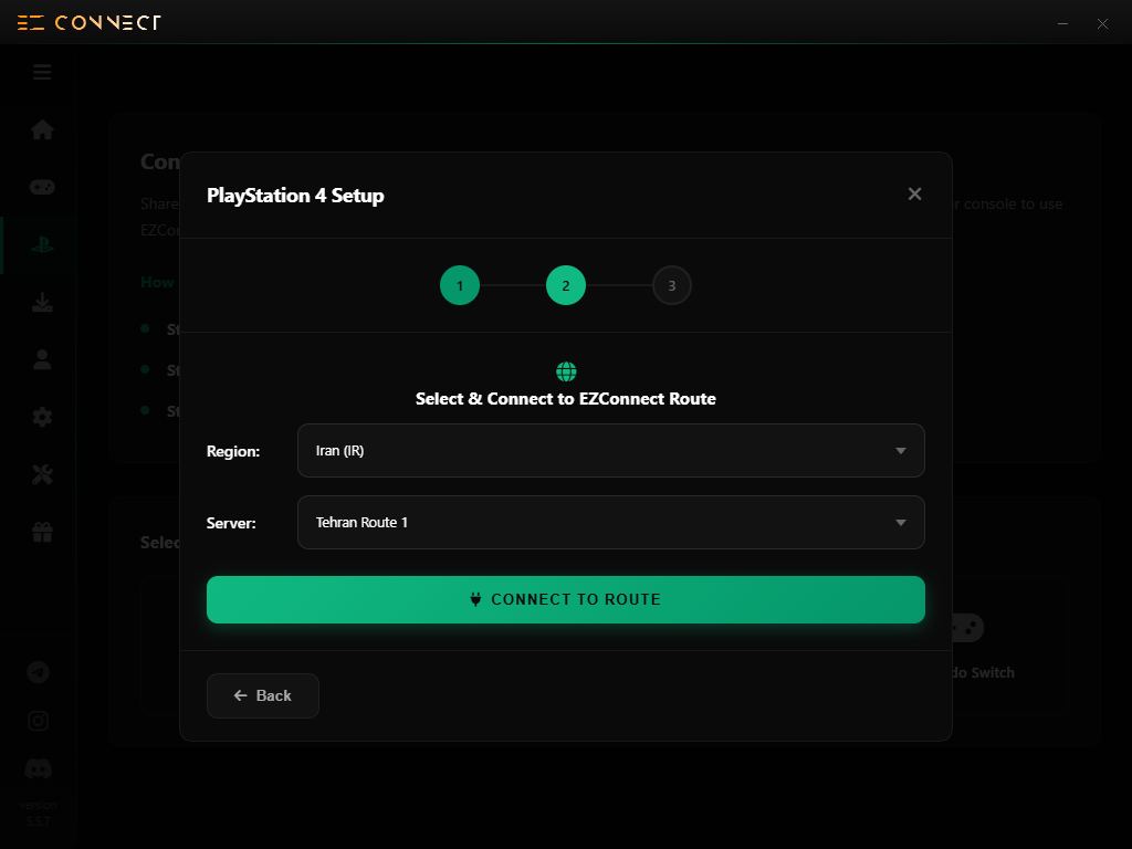Selecting a region and connecting from the EzConnect app