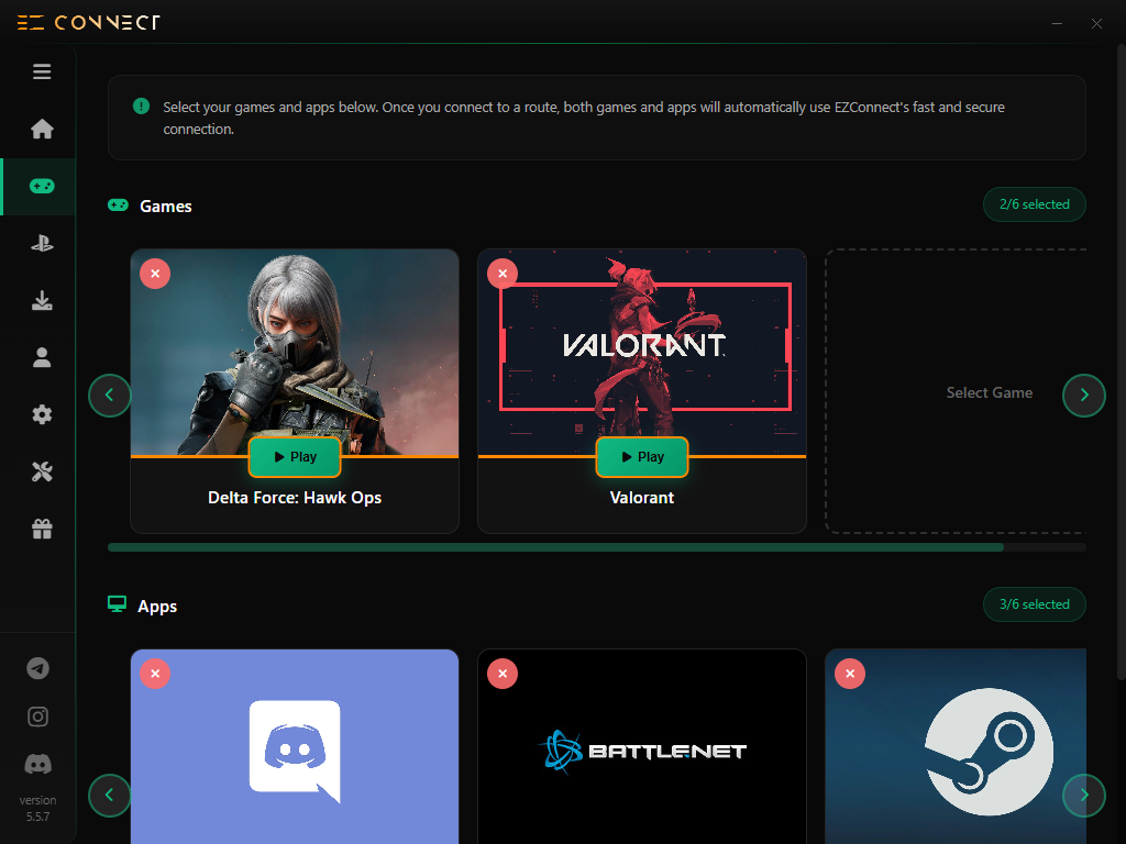 Selecting games and apps in the EzConnect Windows app