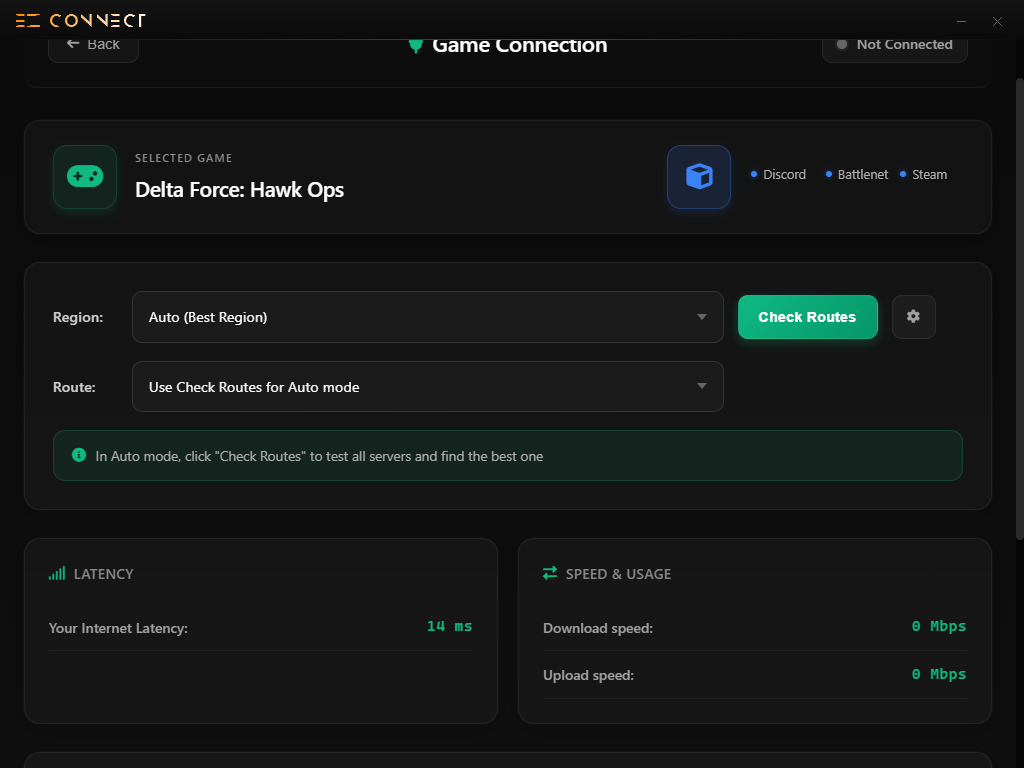 Selecting a region and applying a route in the EzConnect app
